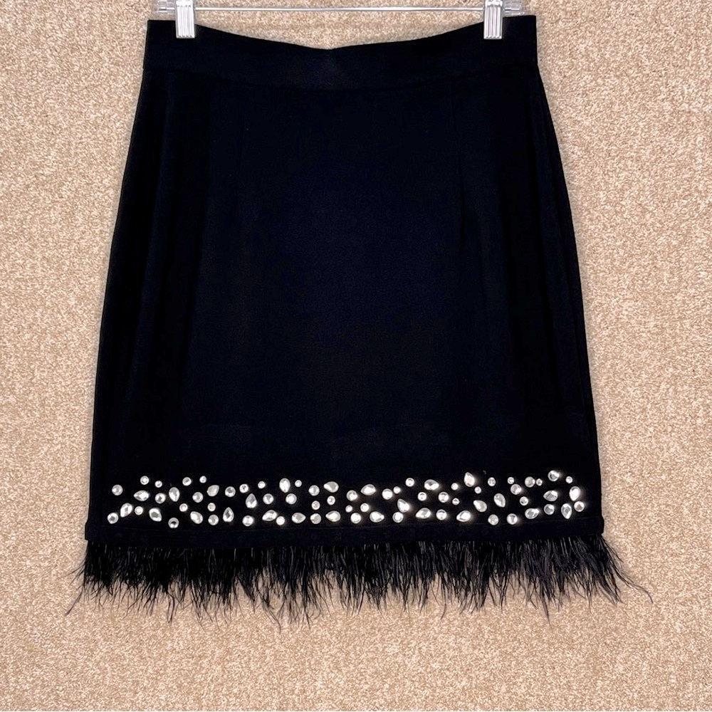 Imperfect Cartise black sample skirt fringe feather‎ rhinestone back zipper sz 6